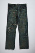 Front view of distressed AOA Sashiko repaired denim
