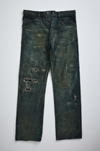 Front view of distressed AOA Sashiko repaired denim