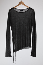 Front view of sheer long-sleeve AOA Black top with tassels.